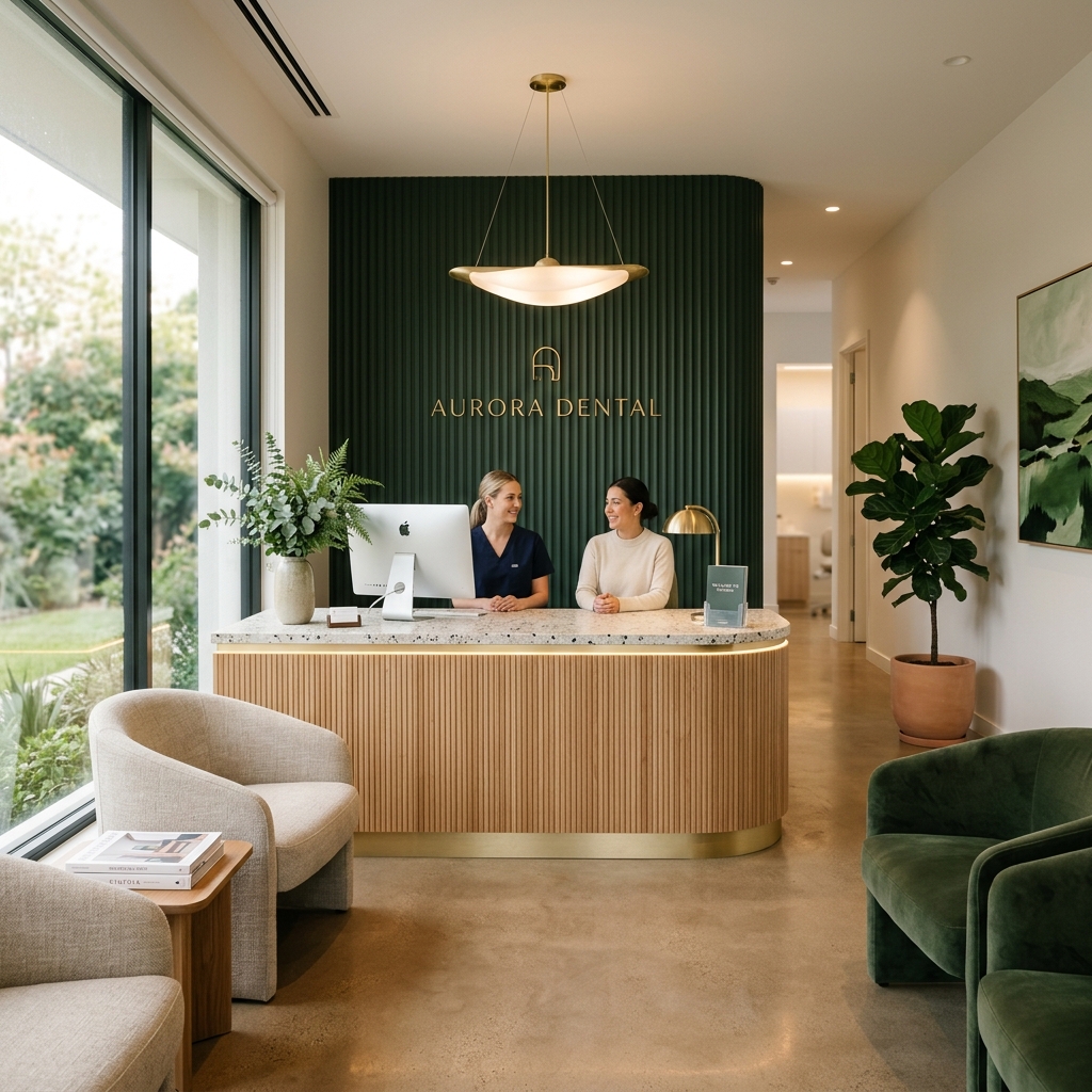 A pristine, highly modern and calming dental clinic reception desk bathed in warm morning light
