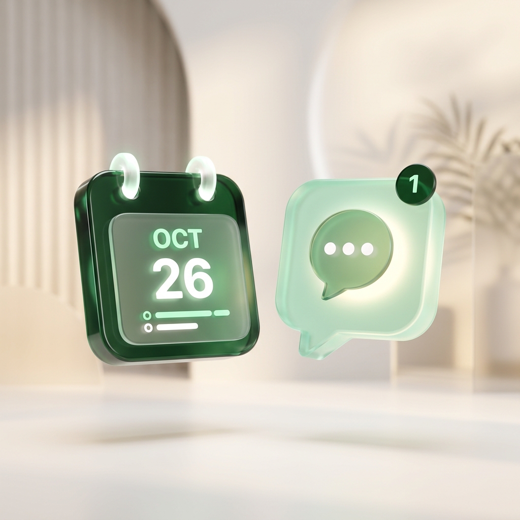 3D Glassmorphism representation of an AI chat bubble and calendar sync
